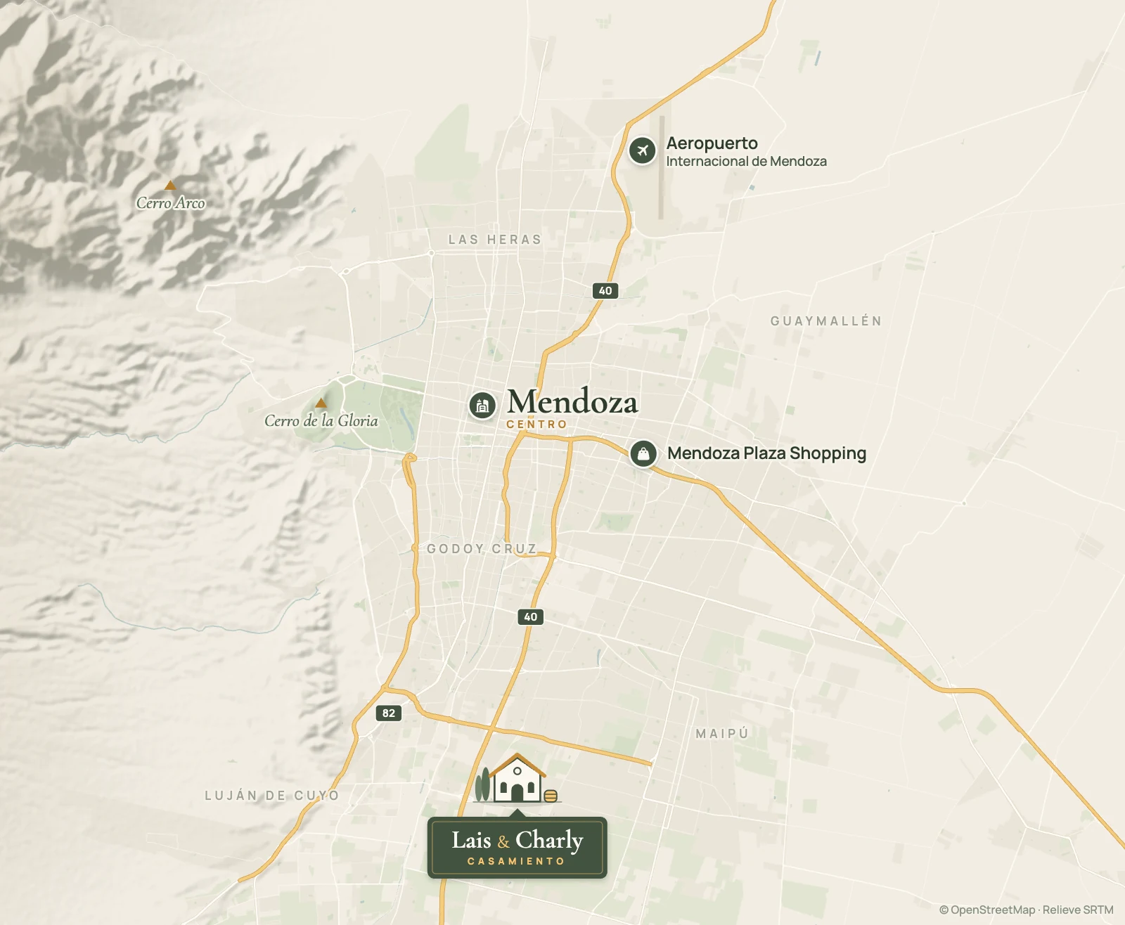 Mapa de Mendoza con la Bodega Tierras Altas sobre el Acceso Sur (Ruta 40), el aeropuerto, el centro de la ciudad y el Mendoza Plaza Shopping